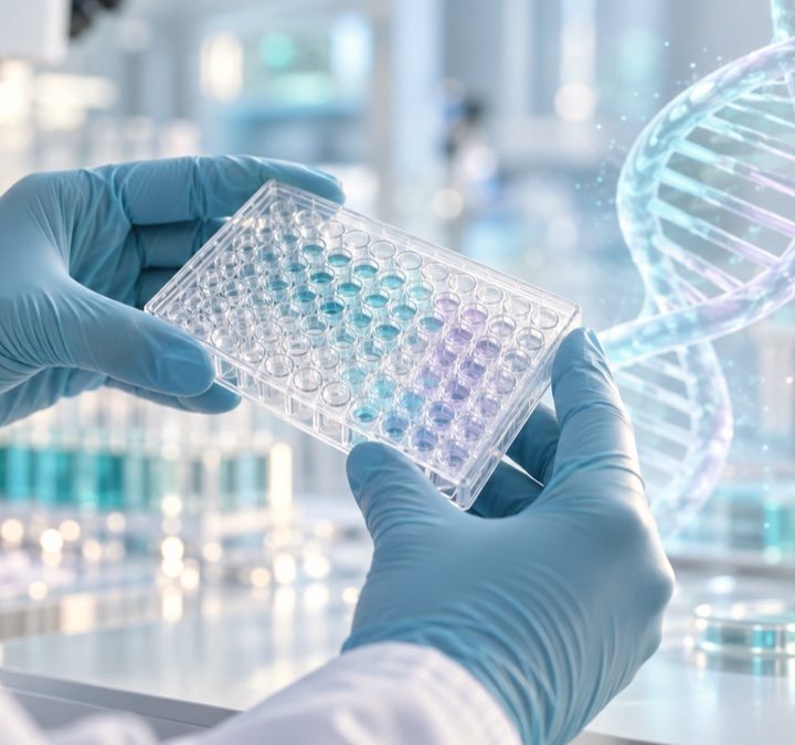 DI iliustracija: laboratorijos darbuotojo rankos su mikroplokštele ir simboline DNR vizualizacija.