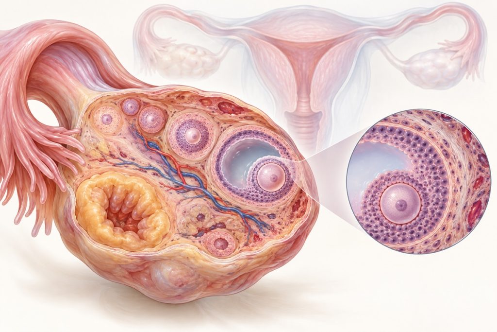 DI iliustracija: kiaušidės pjūvis su skirtingos raidos folikulais ir scheminiu anatominiu fonu.