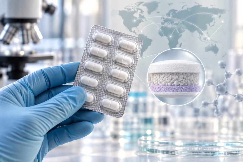 DI iliustracija: pirštinėta laboratorijos darbuotojo ranka laiko nepaženklintų tablečių lizdinę plokštelę; padidinimas simbolinis.