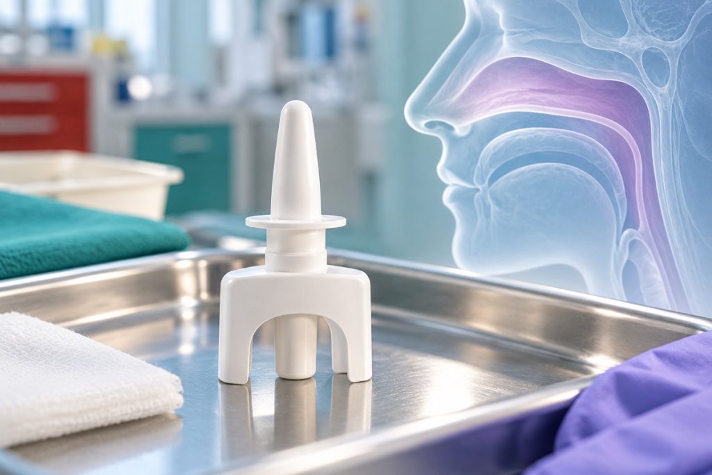 DI iliustracija: bendrinis vienkartinis nosies purškalo prietaisas ant medicininio padėklo ir simbolinis nosies profilis.