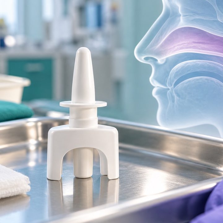 DI iliustracija: bendrinis vienkartinis nosies purškalo prietaisas ant medicininio padėklo ir simbolinis nosies profilis.