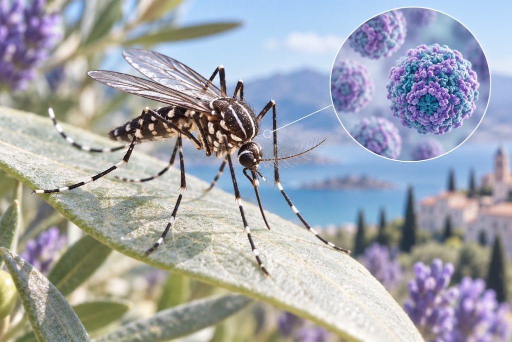 DI iliustracija: Aedes genties uodas stambiu planu ir simbolinis viruso dalelių padidinimas.