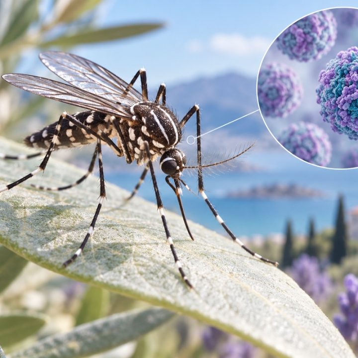 DI iliustracija: Aedes genties uodas stambiu planu ir simbolinis viruso dalelių padidinimas.