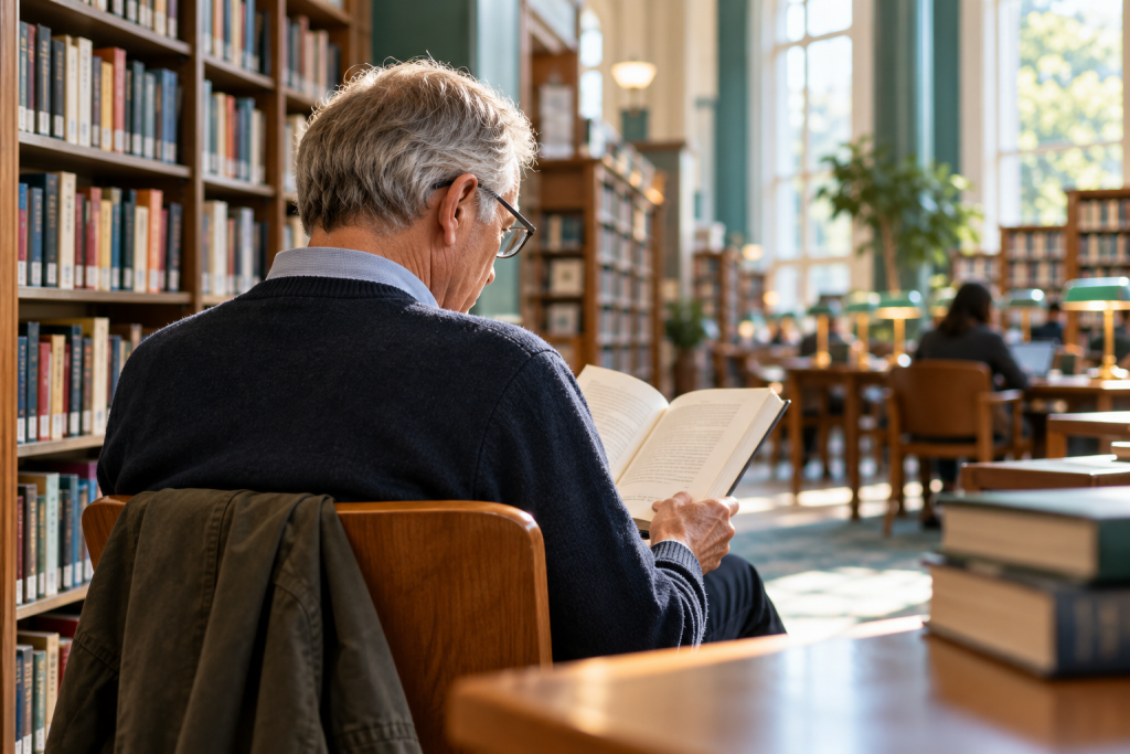 DI iliustracija: vyresnis vyras skaito knygą šviesioje bibliotekoje; tai nėra tyrimo dalyvis.