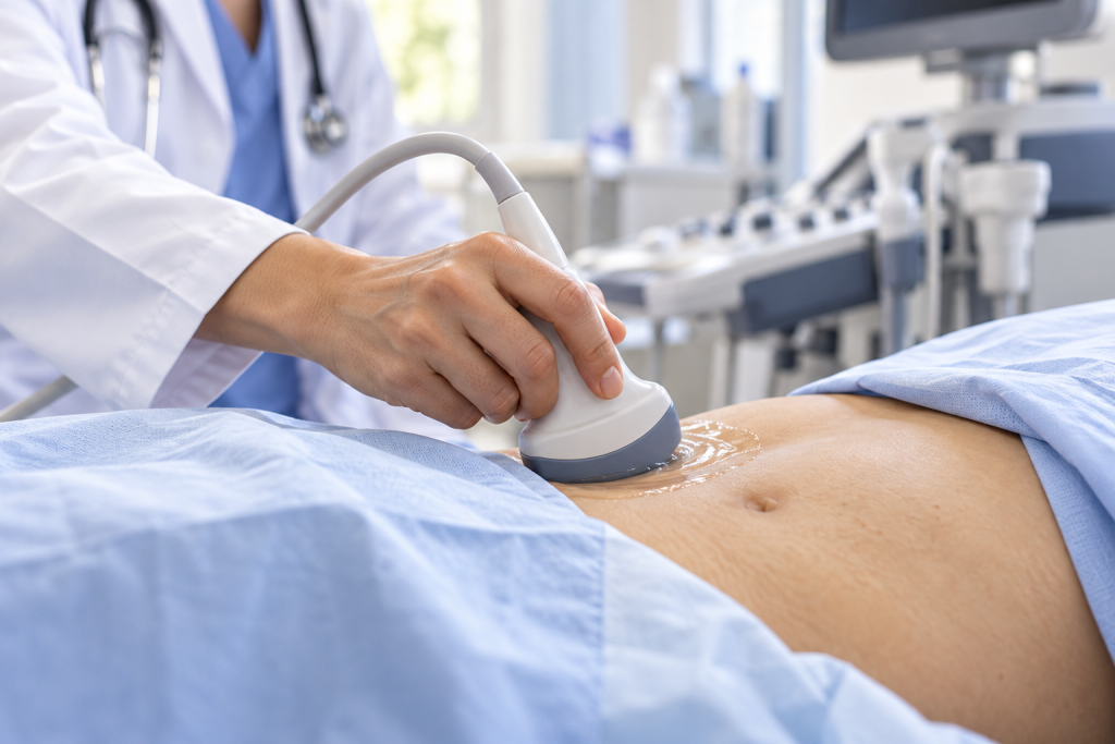DI iliustracija: ultragarsinio tyrimo procedūra be anatominių intarpų; nerodo tikro paciento ar tyrimo rezultato.