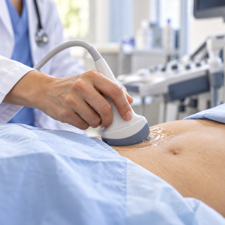 DI iliustracija: ultragarsinio tyrimo procedūra be anatominių intarpų; nerodo tikro paciento ar tyrimo rezultato.