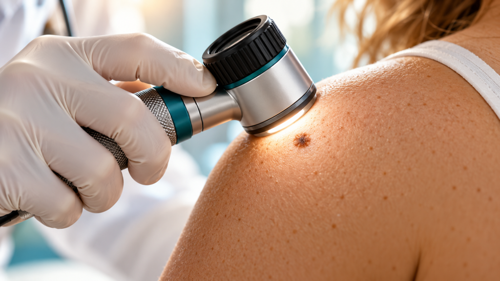 DI iliustracija: dermatoskopu apžiūrimas pigmentinis odos darinys; vaizdas nerodo tyrimo dalyvio ir nėra diagnozė.