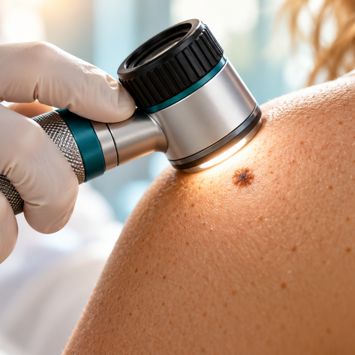 DI iliustracija: dermatoskopu apžiūrimas pigmentinis odos darinys; vaizdas nerodo tyrimo dalyvio ir nėra diagnozė.