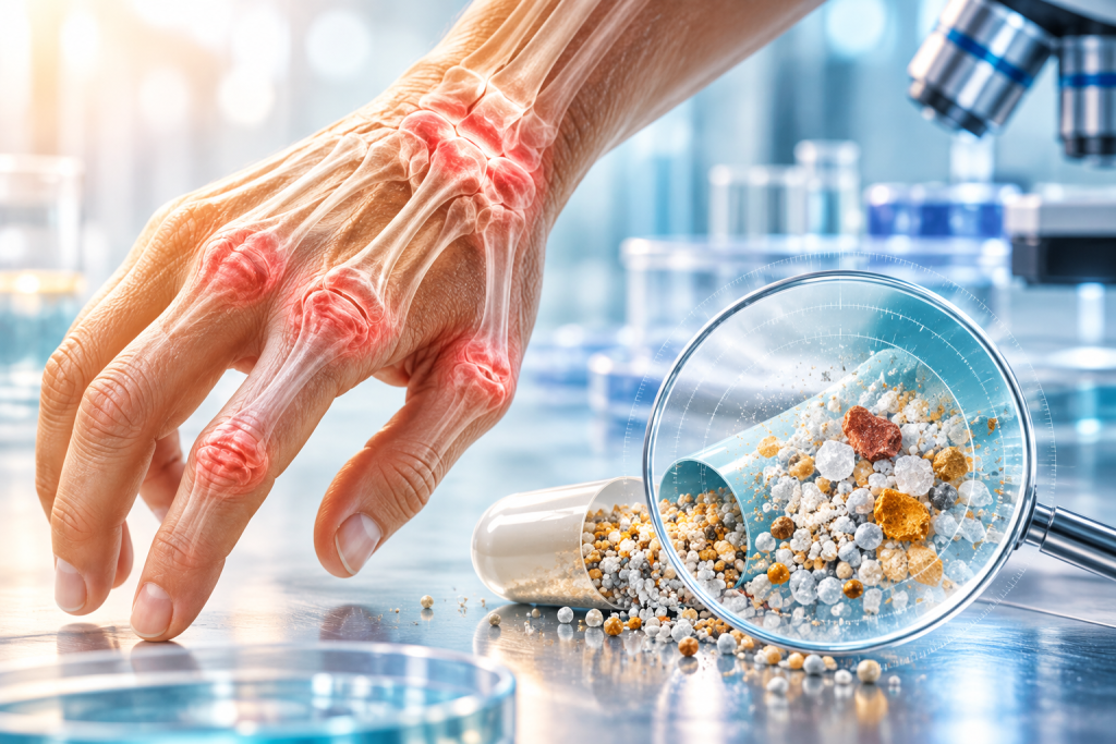DI sukurta teminė sąnarių skausmo ir produkto sudėties patikros iliustracija; neatkuria FDA tirtų pakuočių ir nerodo gydymo poveikio.
