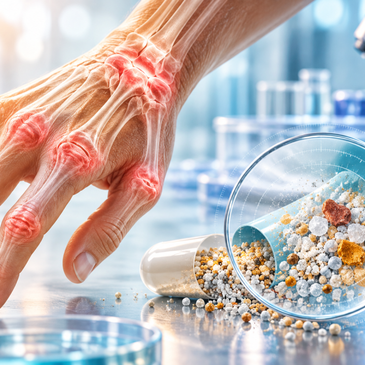 DI sukurta teminė sąnarių skausmo ir produkto sudėties patikros iliustracija; neatkuria FDA tirtų pakuočių ir nerodo gydymo poveikio.